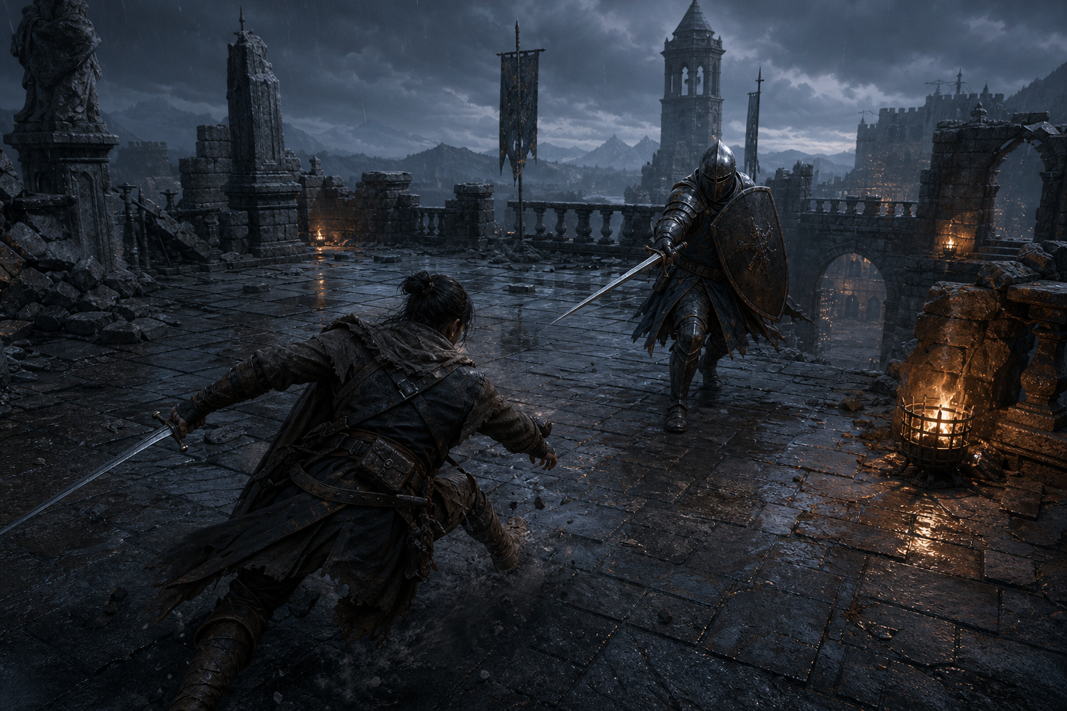 废堡屋顶上的玩家与 Warden Knight 决斗概念图